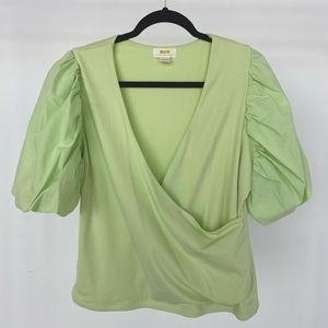 Anthropologie Maeve lime green puff sleeve wrap top